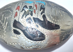 Vintage Native Made Inlaid Turquoise & Coral Cowboy Boots Silver Belt Buckle Lot
