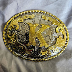 Men&rsquo;s Oval Western Belt Buckle Metal Gold/Silver Tone Floral Scroll Initial K