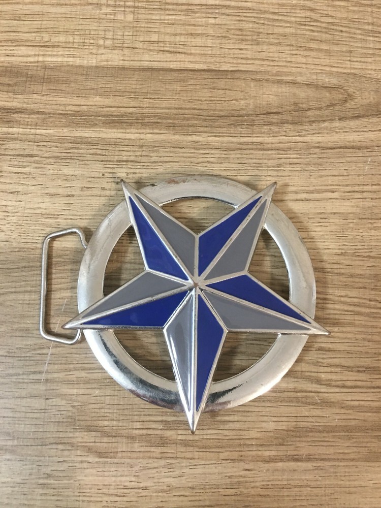 Circle Star Western Cowboy Blue Gray Chrome Silver Belt Buckle