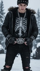 Men Women Buckle Silver Skull Skeleton Halloween Black Detail Big Size GothicBik