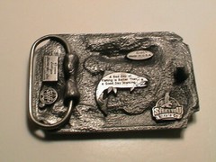 TROUT FISH 3D LOOK W/ FLY FISHING ROD & REEL NET CREEL BASKET METAL BELT BUCKLE!