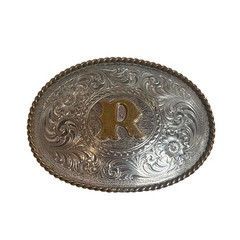 Montana Silversmiths Western Belt Buckle Initial R Silver Plate Bronze Oval Rope