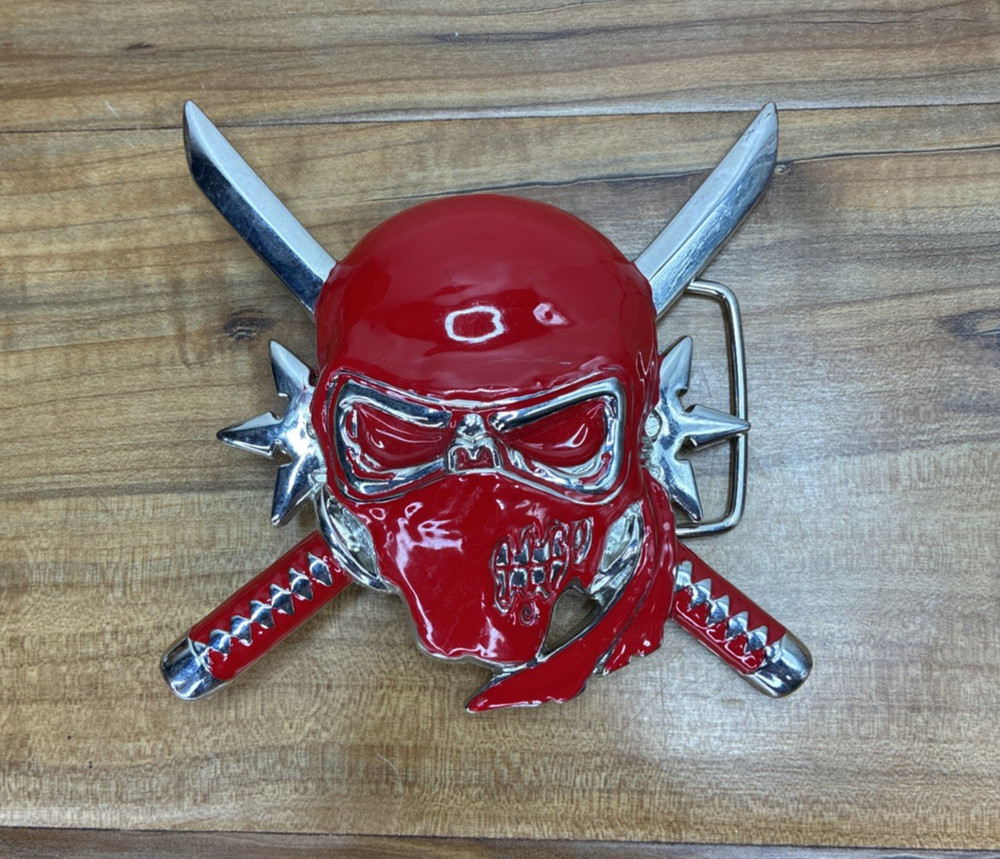 Skull Belt Buckle Red / Silver Skeleton Metal Gothic Tattoo Crossed Swords 4×4.5
