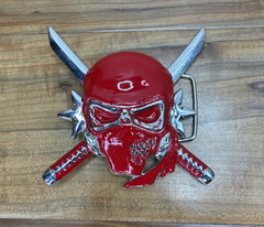 Skull Belt Buckle Red / Silver Skeleton Metal Gothic Tattoo Crossed Swords 4×4.5