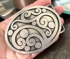 Brutalist Floral Belt Buckle Vintage 70s Abstract Oval Cowboy Accessory