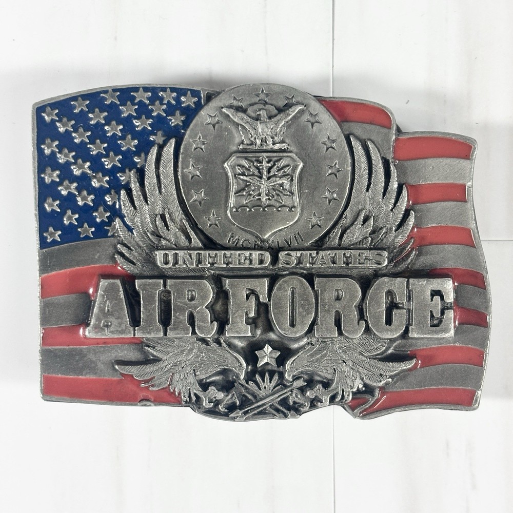 Vintage USA United States Air Force Military Belt Buckle 1.75” Flag Eagle Pewter
