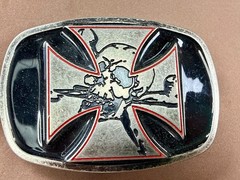 Maltese Iron Cross with Skull Cutout Black Enamel Gothic Punk Vibe Belt Buckle