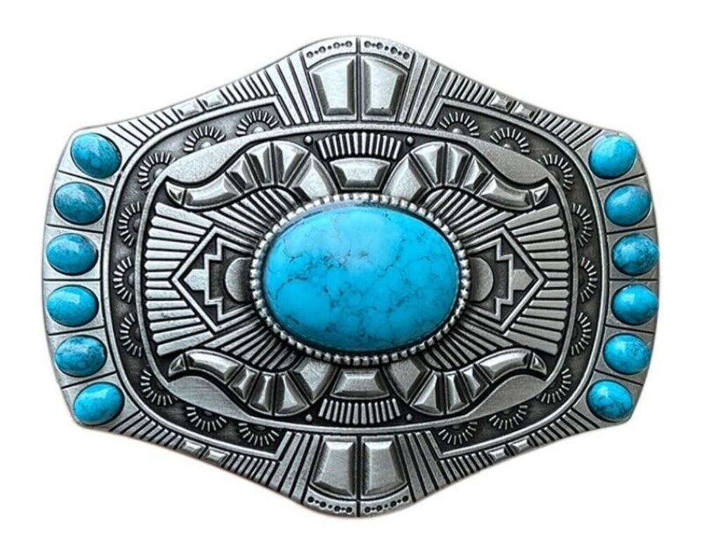 Western Belt Buckle for Men Vintage Style Cowboy Rodeo Wear Turquoise Bohemia