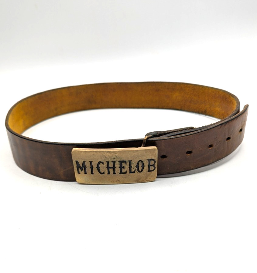 vintage 1970s leather belt & buckle MICHELOB beer SOLID BRASS cowboy WESTERN
