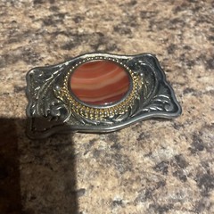 Western Belt Buckle Wood Cabochon Goldtone Metal Black Background Leaf 3.5 X 2.5