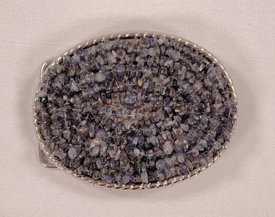 Handmade Oval Silver-Tone Belt Buckle with Iolite Gemstone Bead Inlay – Western