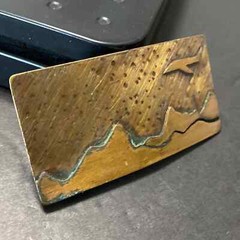 Vintage Handcrafted Artisan Brass Airline Airplane Mountains Tooled Belt Buckle