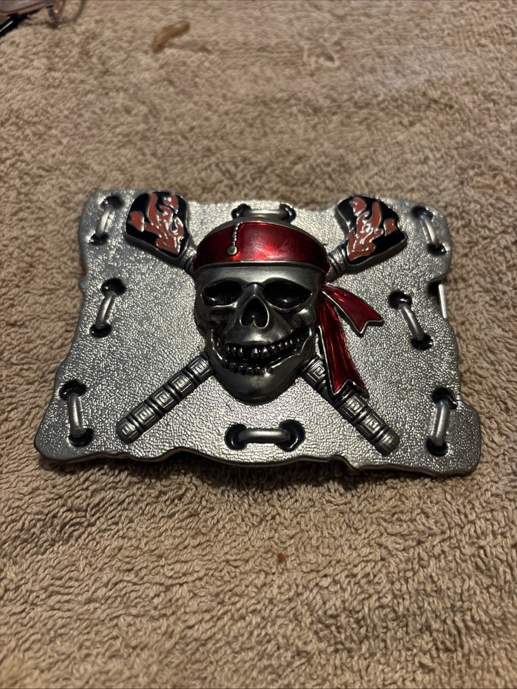 Raised Pirate Skull in Red Bandana Swords Gothic Punk Biker Vibe Belt Buckle