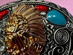 Native American Indian Chief in Head Dress Faux Turquoise & Coral Belt Buckle