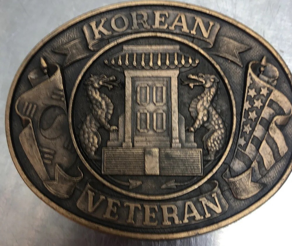 VTG Korean War Veteran Belt Buckle Dragons Flags USA Patriotic Cold War Temple