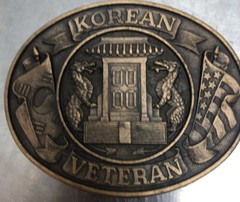 VTG Korean War Veteran Belt Buckle Dragons Flags USA Patriotic Cold War Temple