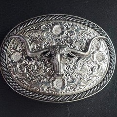 Western Longhorn Steer Belt Buckle Silver Tone Oval Engraved Floral Cowboy Rodeo