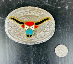 Silver Toned Longhorn Steer Cattle Belt Buckle Cowboy Cowgirl Vintage Western