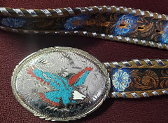 Silver Toned Metal Eagle Belt Buckle Leather Hand Tooled Belt Cowboy Rodeo READ