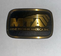 Vintage MTA Mine Technik America INC Brass Belt Buckle Mining Decals Stickers #1