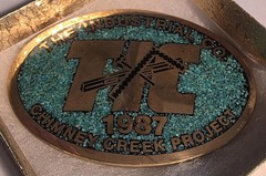 Vintage 1987 Metal Belt Buckle, Solid Brass, Blue Crushed Turquoise Stones, TIC