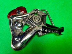 Woman Hugging V-Twin Engine with Red Enamel Hair Novelty Figural Belt Buckle