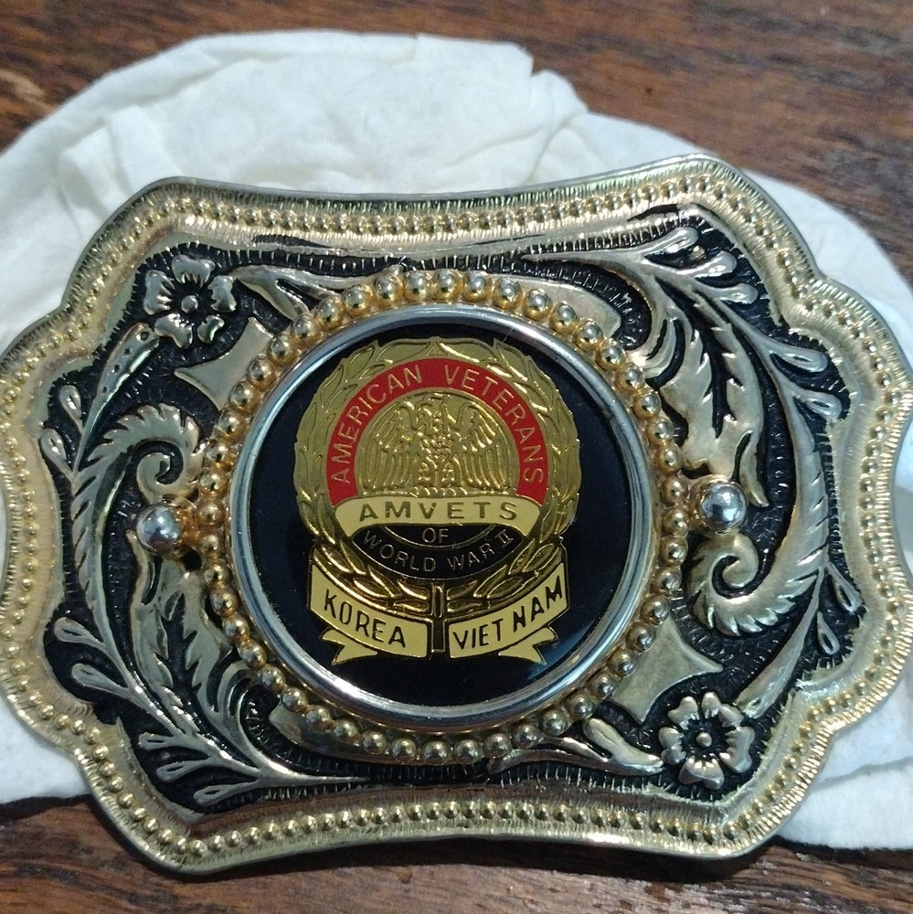 Men&rsquo;s Western Metal Belt Buckle AMVETS Military Veterans WWII Korea Vietnam