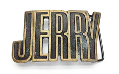 Vintage 1970&rsquo;s Brass Belt Buckle – JERRY – Cut Name – w/ Original Packaging