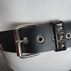 Unisex Black Faux Leather 3 Row Studded Belt Silver Tone Buckle Punk Goth Grunge