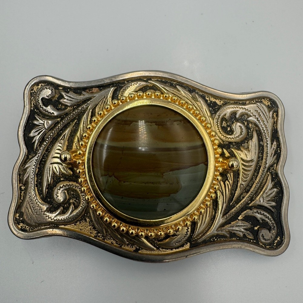 Vintage Western Belt Buckle Two Tone Stone Center