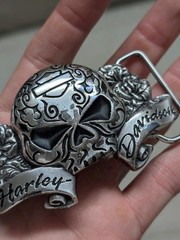 vintage Y2K belt buckle HARLEY DAVIDSON chrome metal SKULL motorcycle WESTERN