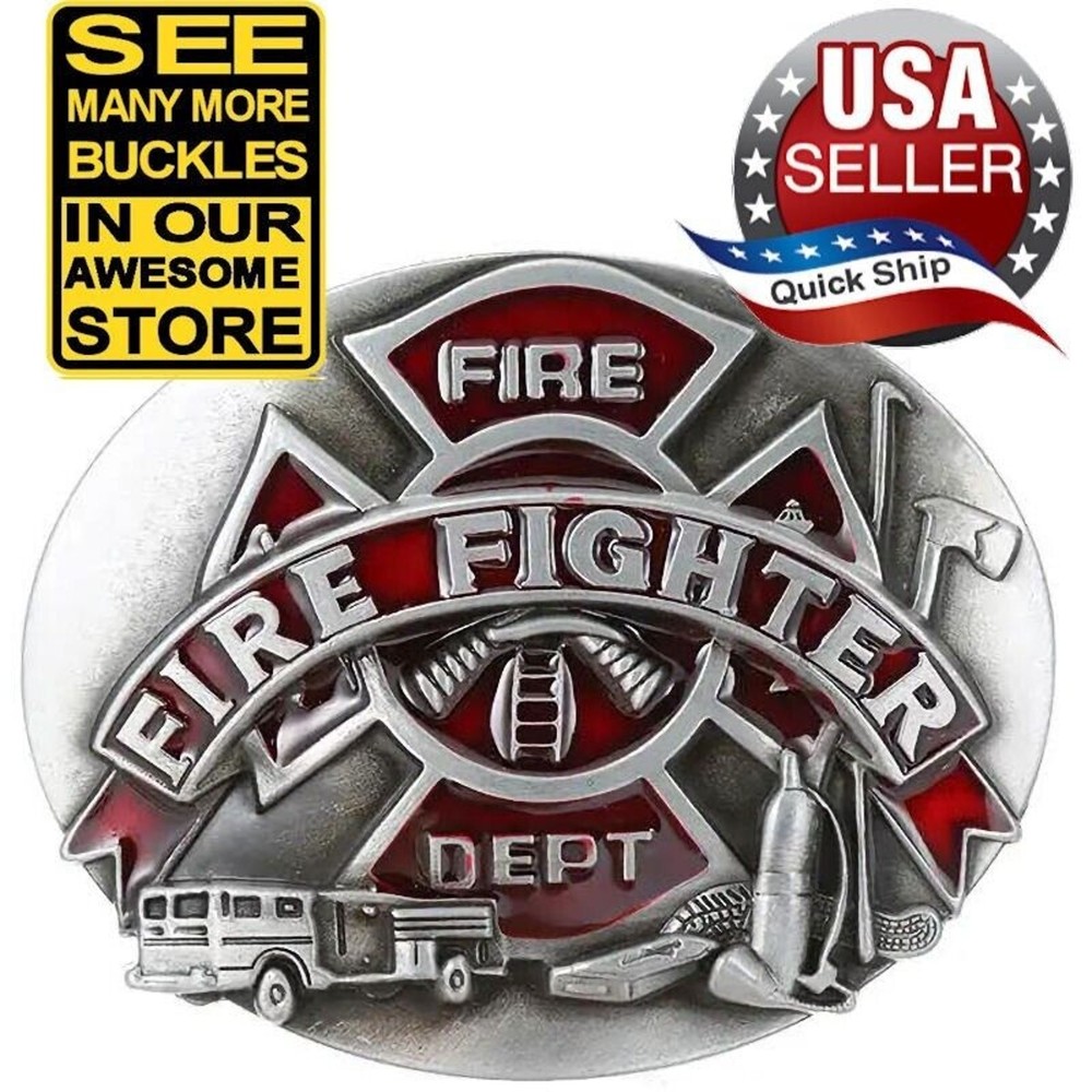 Fire Department Men&rsquo;s Cowboy Belt Buckle • Fireman • Fire Fighter • Red Enameled