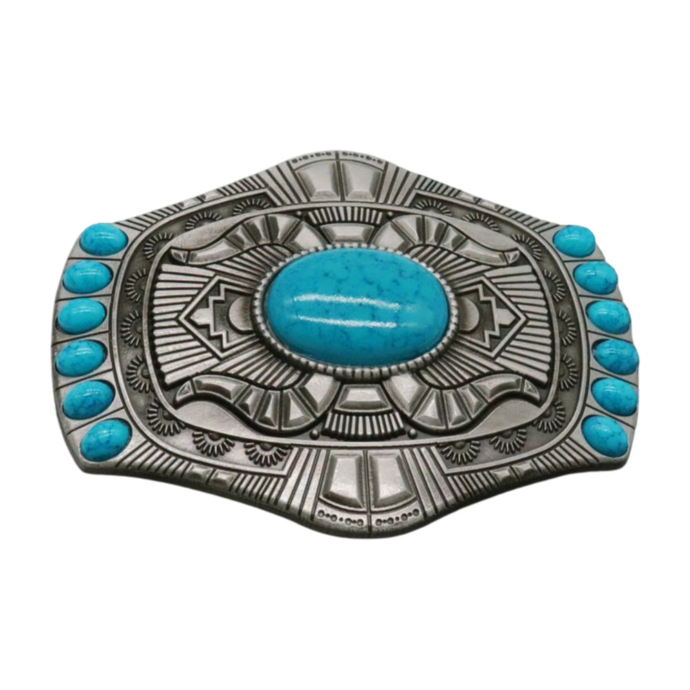 Men Silver Metal Buckle Rodeo Western Decorative Turquoise Blue Beads Jeans Pant