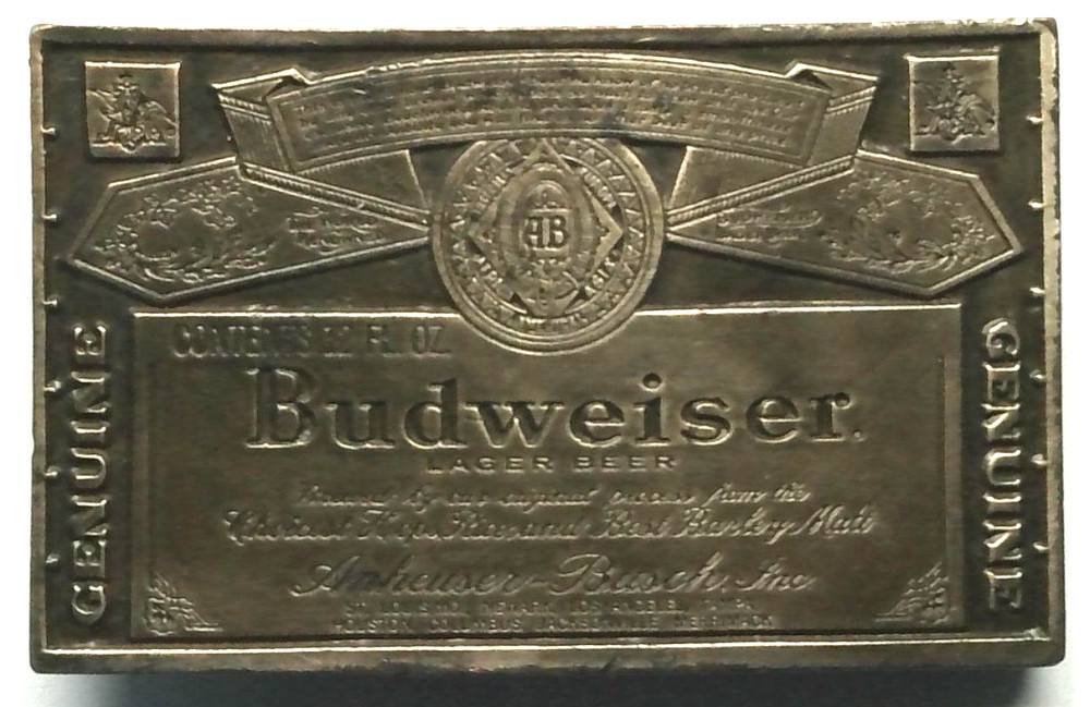 Budweiser 12 oz Beer Label Belt Buckle c1970s Anheuser Busch 3 5/8&Prime;w