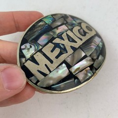 Vintage Mexico Belt Buckle Oval Abalone Shell Inlay Silver-Tone Western