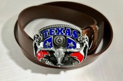 Men&rsquo;s Western LEATHER BELT with Long Horn Texas Cow Bull Skull (47 inch)