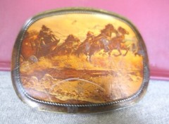 Vintage Brass & Enamel Pictorial Western Stagecoach Horses Belt Buckle 3.25&Prime; W