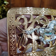 Running Horse Western Belt Buckle Rose Tone And Silver Cowboy Rodeo Buckle