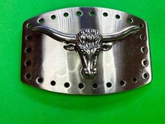 Longhorn Steer Skull Raised Silver Tone Large Belt Buckle With Hole Border
