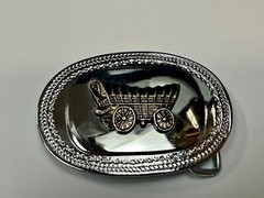 Vintage Covered Wagon On Reflective Oval Two Tone Western Belt Buckle