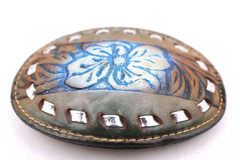 Western Tooled Leather Belt Buckle Brown Blue Ombre Floral Silver Ribbon Vintage