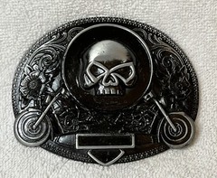 1999/Y2K Roses Motorcycle & Skull Distressed X3 Metal Belt Buckle Black Oval Vtg