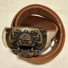 Diesel Vintage Off-White Leather Belt Brass Tiger Head Buckle Belt Size 95 / 38&Prime;