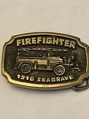 Vintage Firefighter 1910 Seagrave Fire Truck Belt Buckle Solid Brass BTS MadeUSA