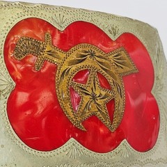 Vtg 70s Shriners Masonic Belt Buckle Red Silver Gold Scimitar Crescent Western