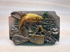 Vintage Siskiyou Belt Co Fly Fishing Outdoors Belt Buckle Brown Rainbow Trout