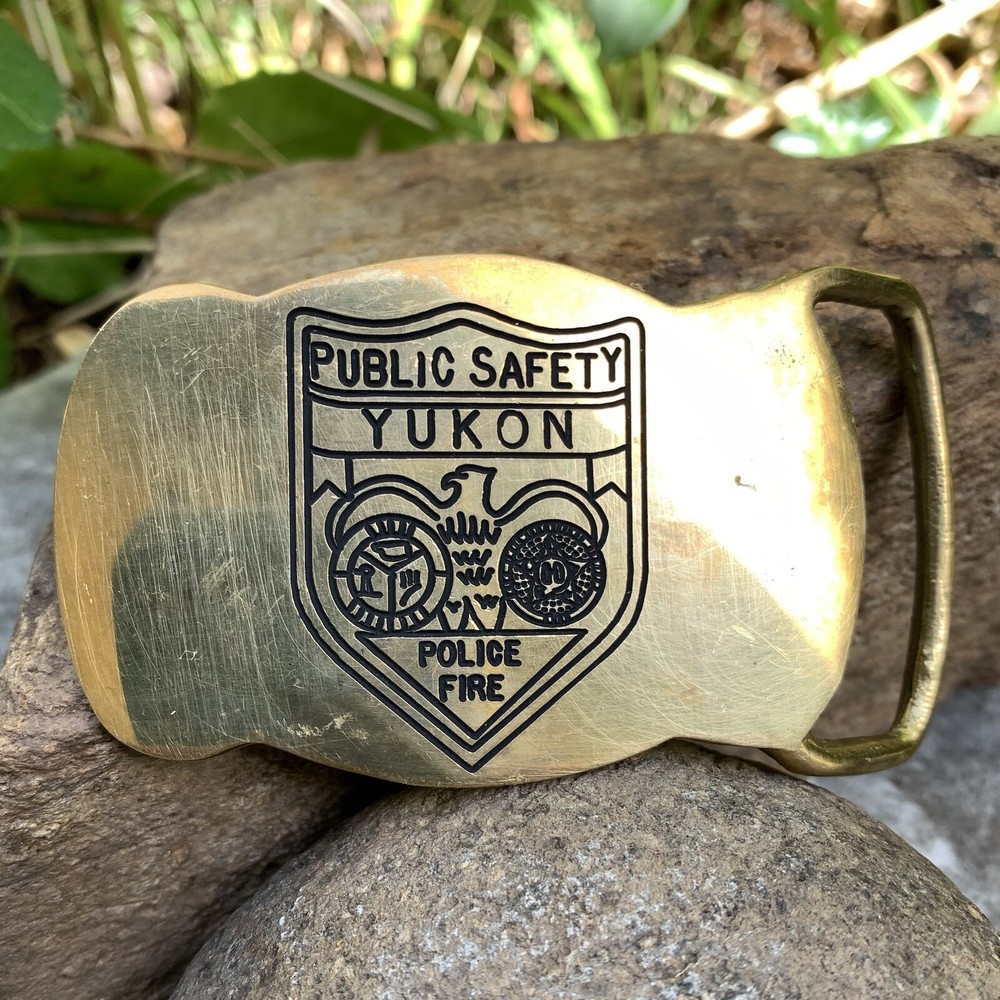 Vintage YUKON Public Safety Solid Brass Belt Buckle Police Fire Badge 2×3”