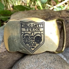 Vintage YUKON Public Safety Solid Brass Belt Buckle Police Fire Badge 2×3”