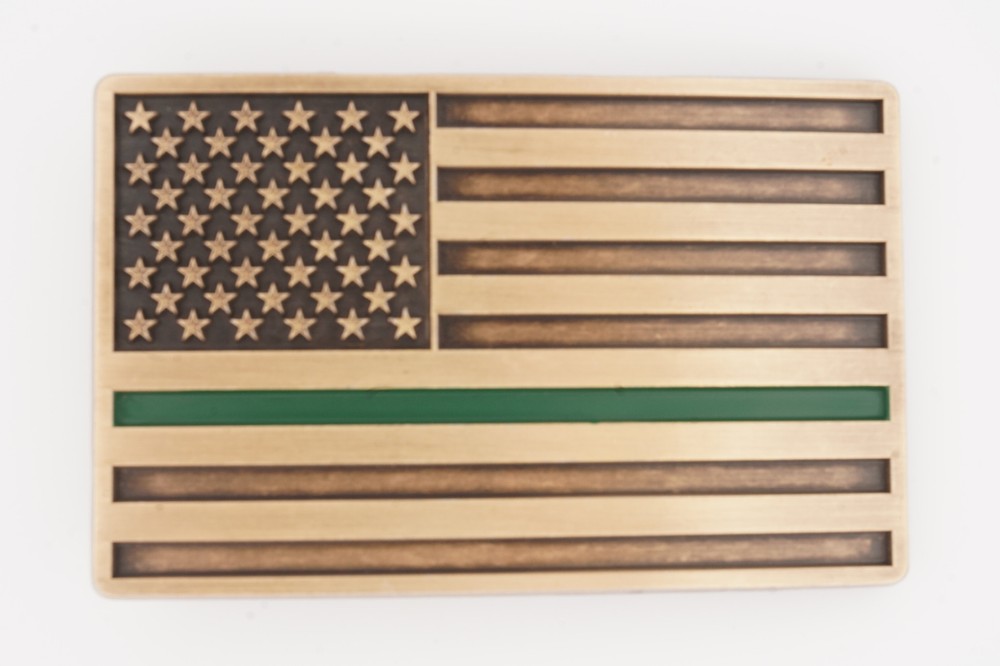 Thin Green Line U.S. Military American USA Flag Bronze Plated Metal Belt Buckle