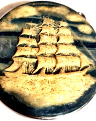 VTG Belt Buckle Blue & White 3-Masted Ship Cameo Carved H.J. Orbit Corp 1970&rsquo;s